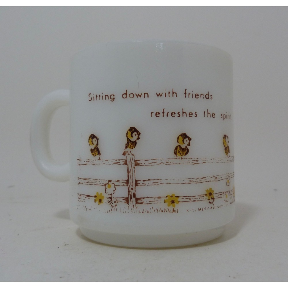 Vintage Glasbake Milk Glass Mug Daisy Sitting on Fence Friends Refresh Spirit